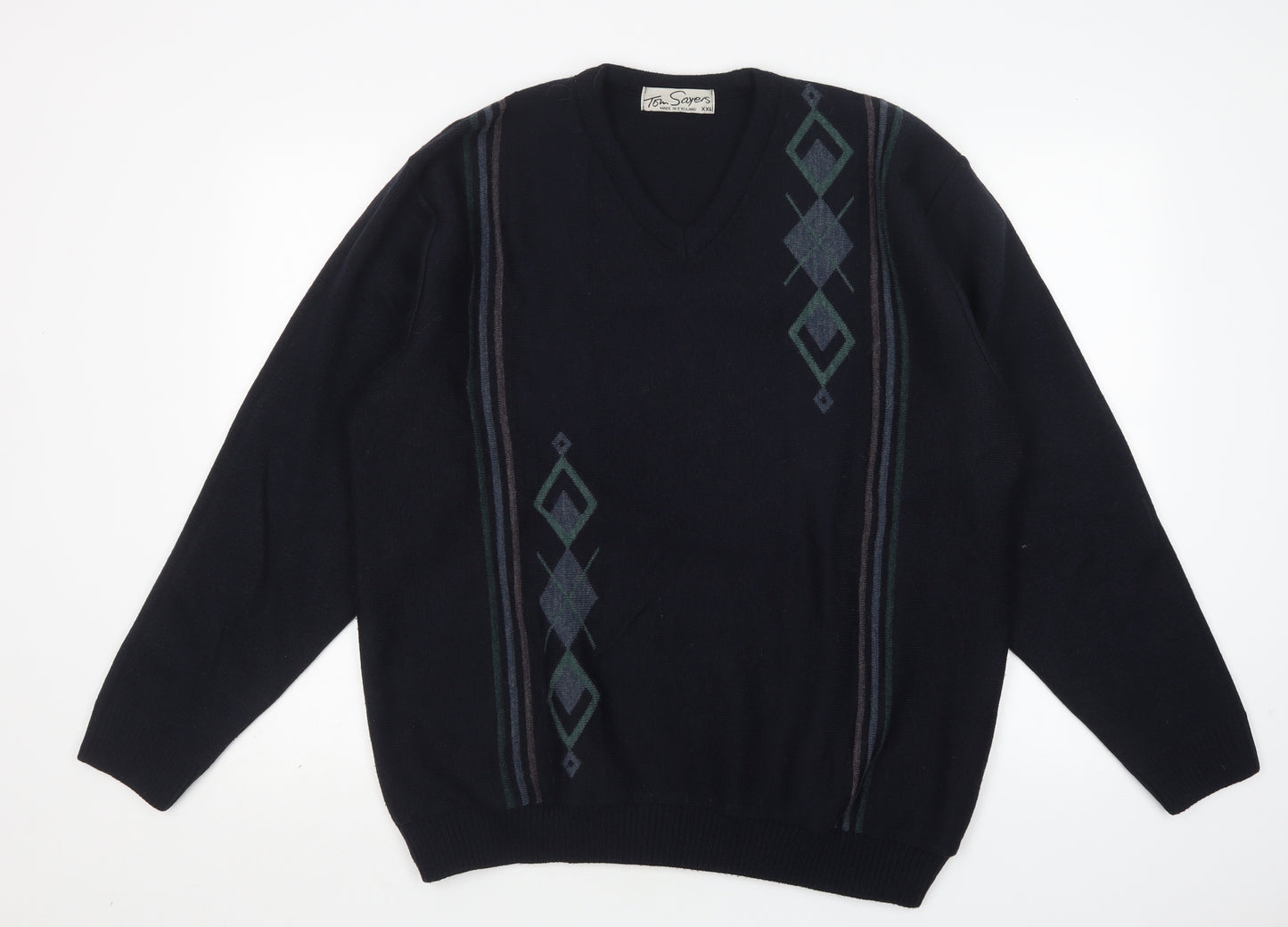Tom Sayers  Mens Multicoloured V-Neck Argyle/Diamond Acrylic Pullover Jumper Size 2XL