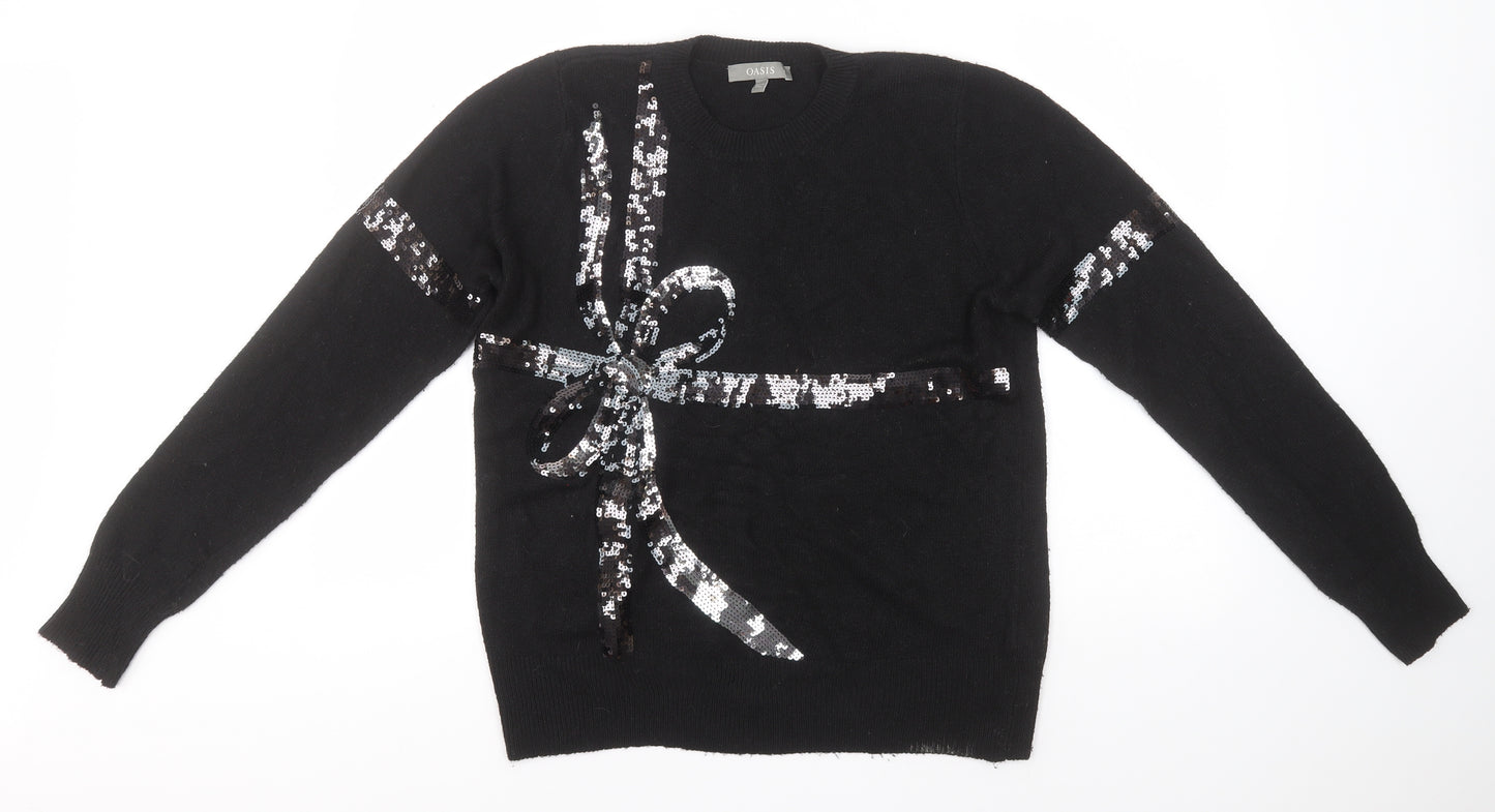 Oasis Womens Black Round Neck  Polyester Pullover Jumper Size L
