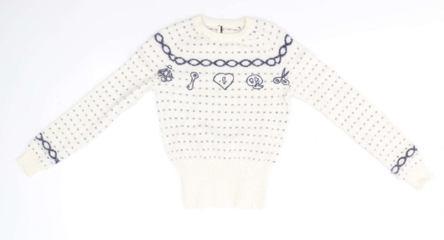 Topshop Womens White Round Neck Geometric Angora Pullover Jumper Size 6