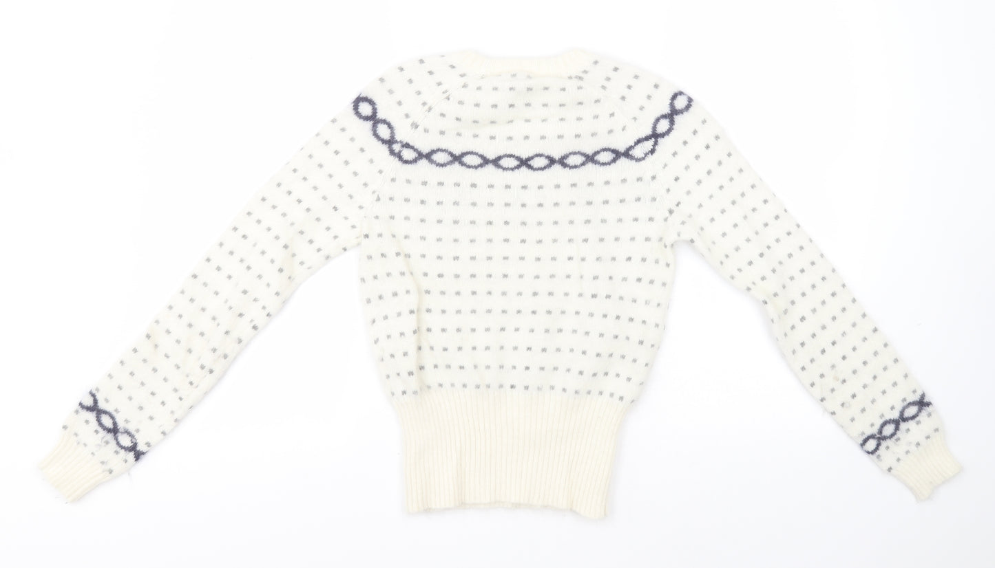Topshop Womens White Round Neck Geometric Angora Pullover Jumper Size 6