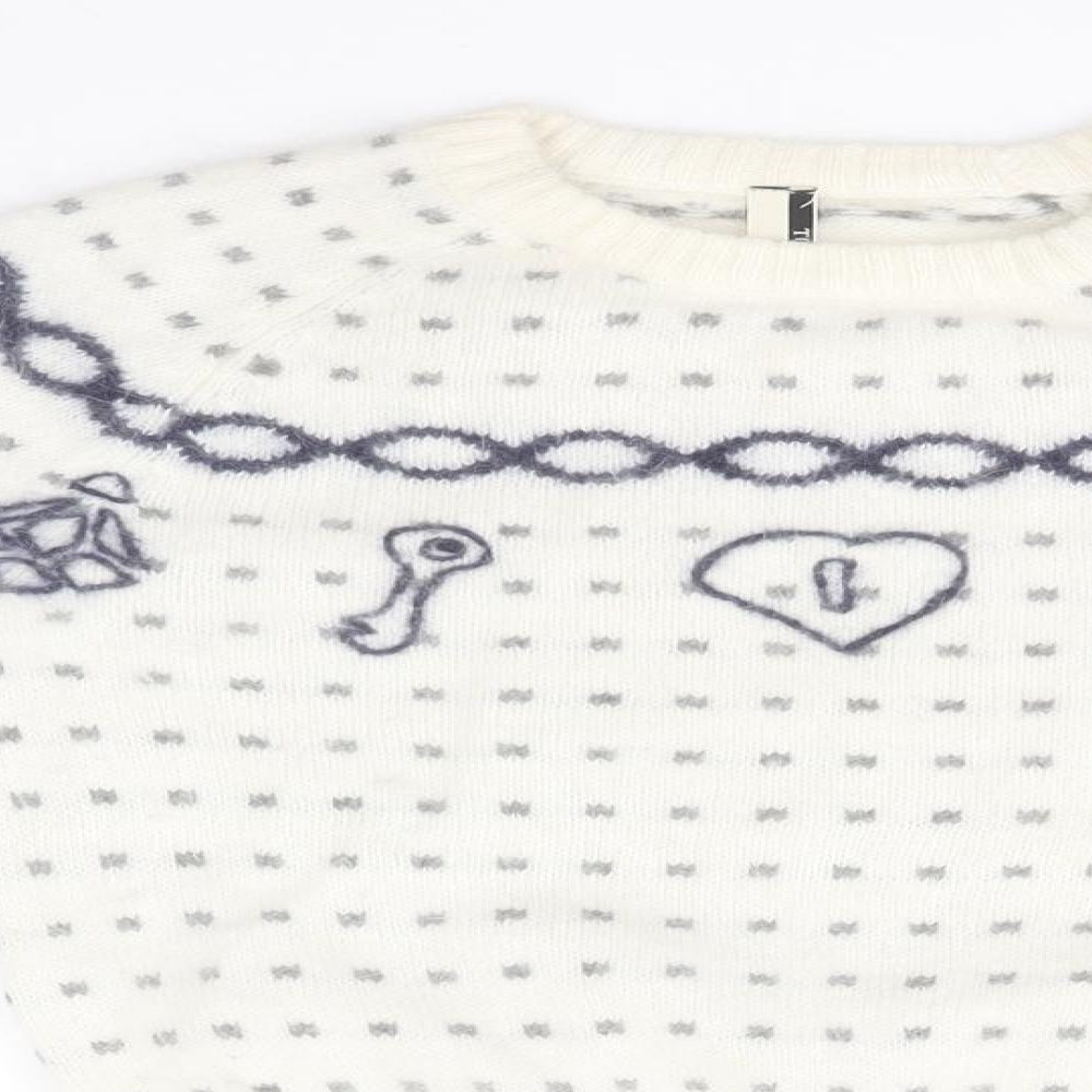 Topshop Womens White Round Neck Geometric Angora Pullover Jumper Size 6