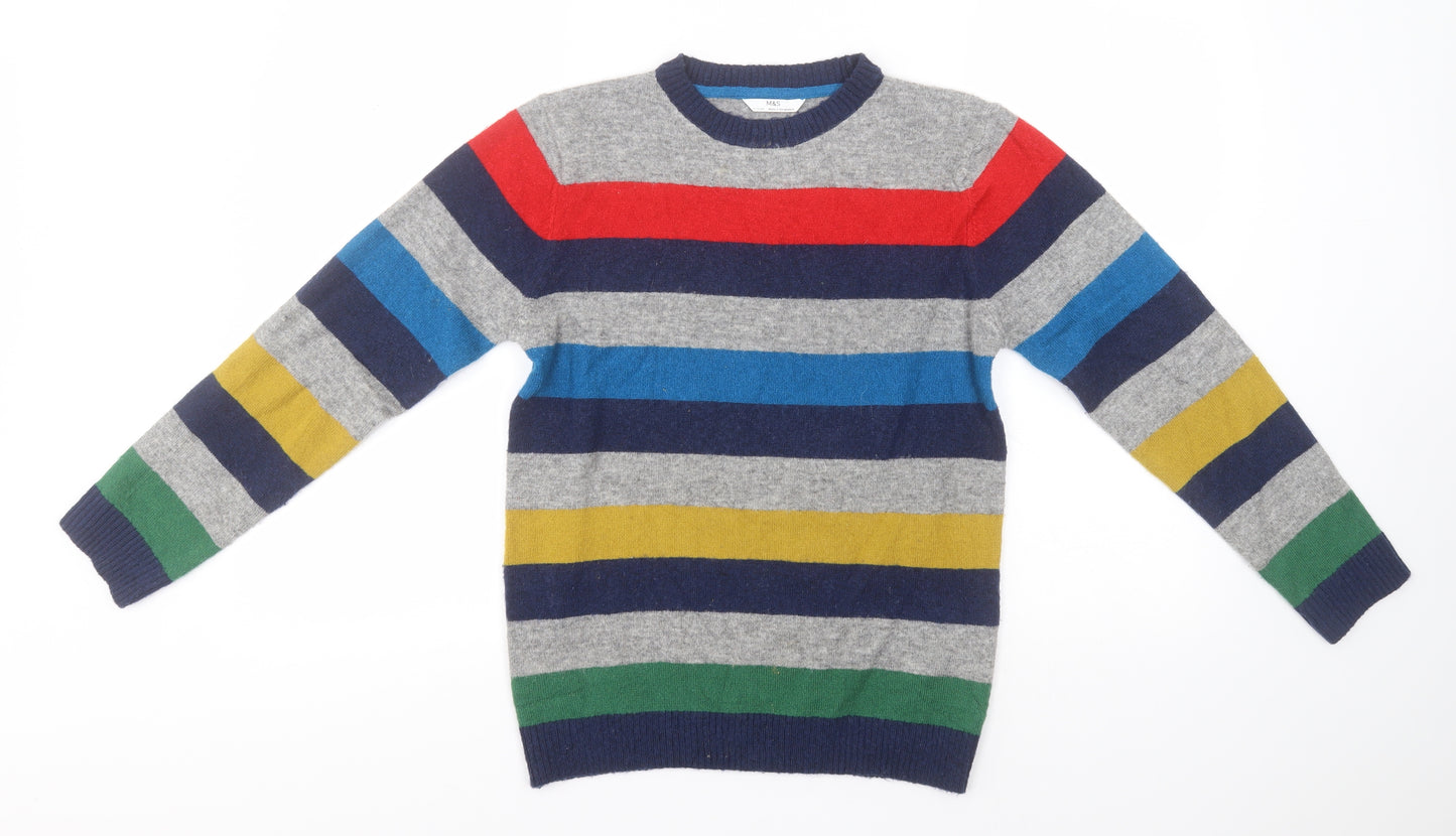 Marks and Spencer Boys Multicoloured Round Neck Striped Acrylic Pullover Jumper Size 11-12 Years