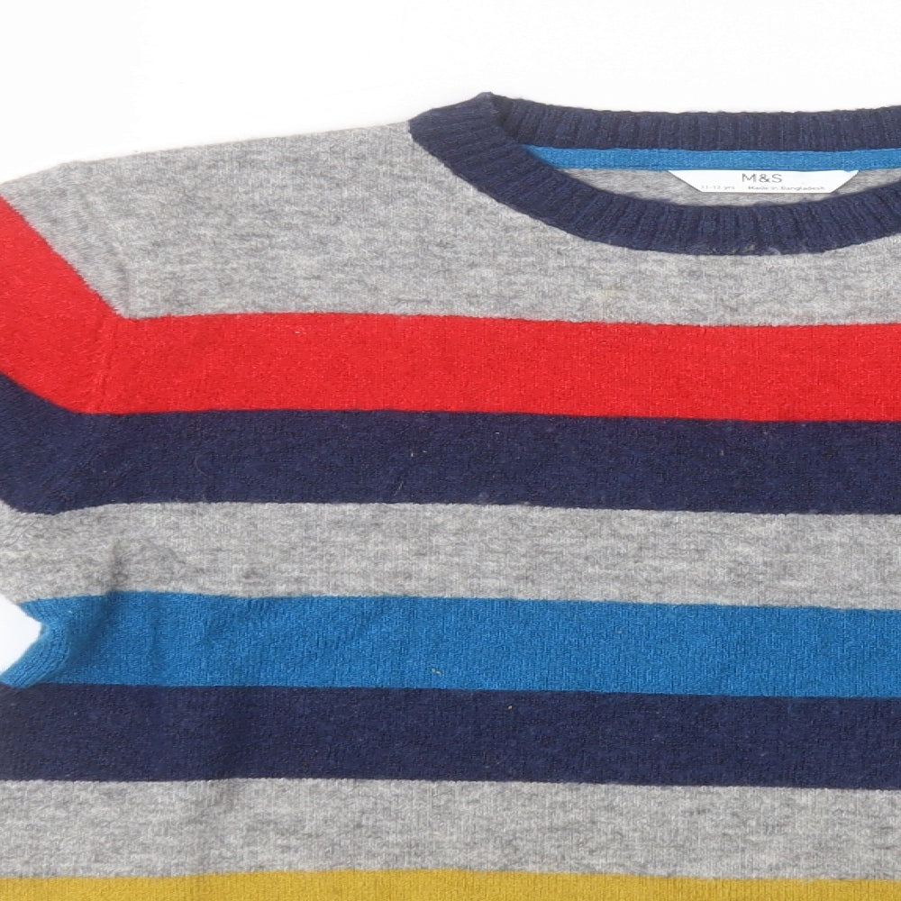 Marks and Spencer Boys Multicoloured Round Neck Striped Acrylic Pullover Jumper Size 11-12 Years