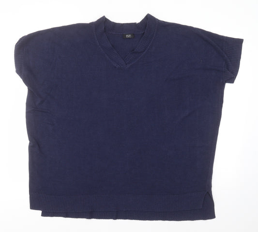 Front view of F&F men’s blue v-neck acrylic jumper, size M