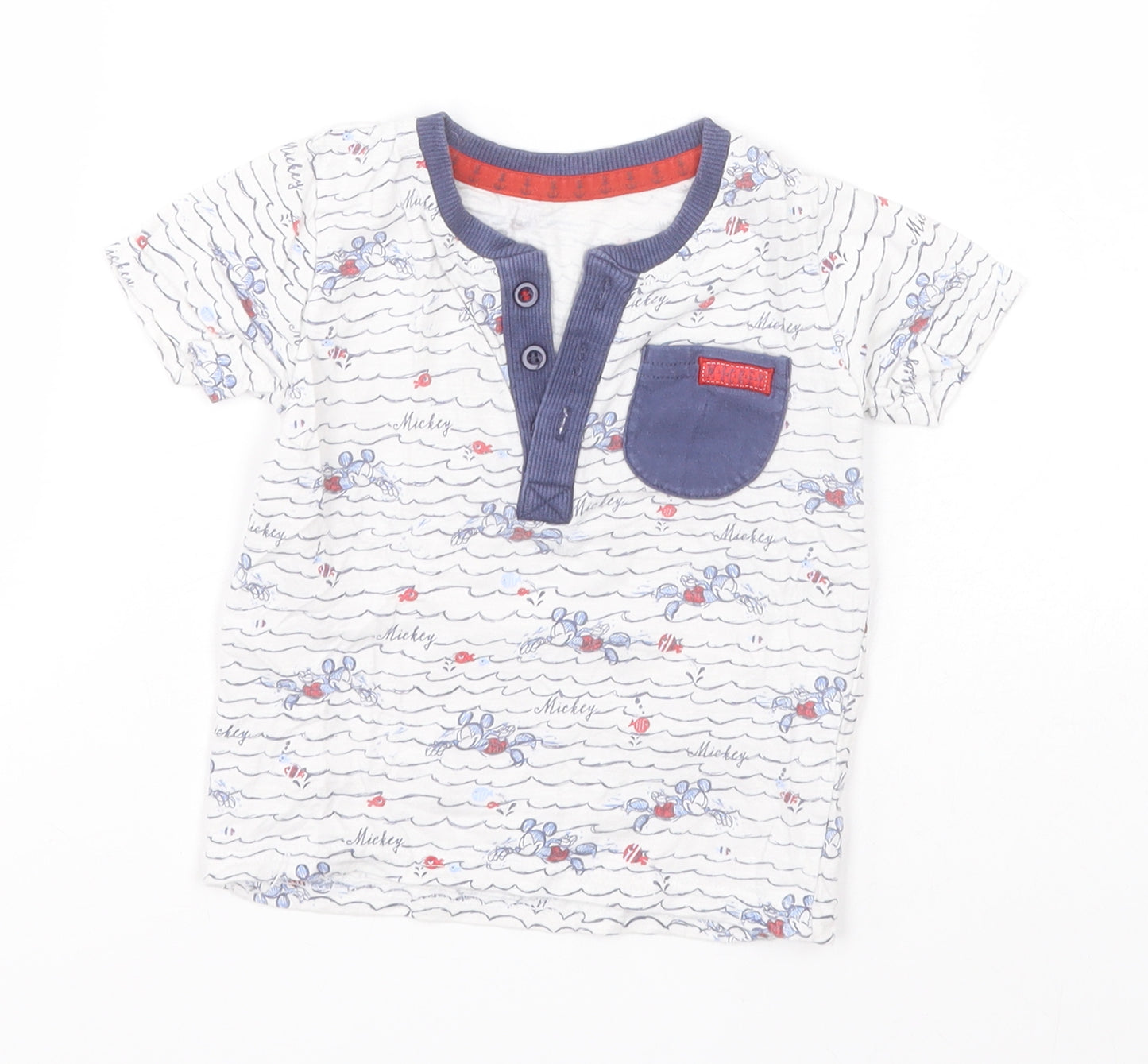 Disney Baby Boys White Striped  Basic T-Shirt Size 9-12 Months Round Neck  - Mickey Mouse