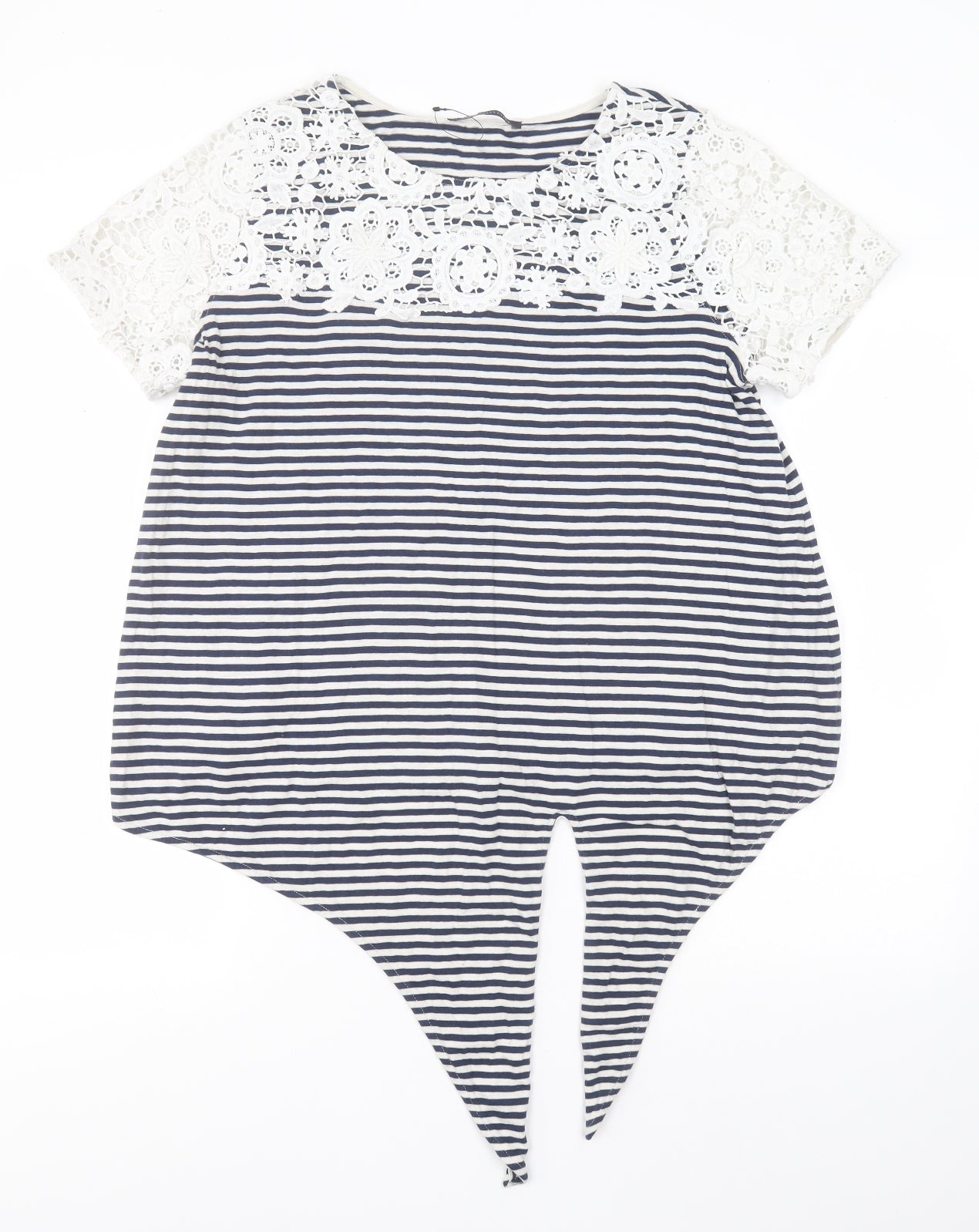 Marks and Spencer Womens White Striped Cotton Basic T-Shirt Size 14 Round Neck