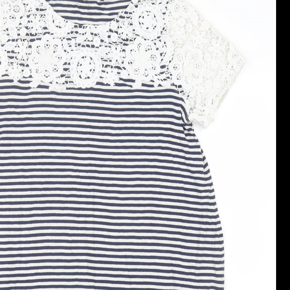 Marks and Spencer Womens White Striped Cotton Basic T-Shirt Size 14 Round Neck