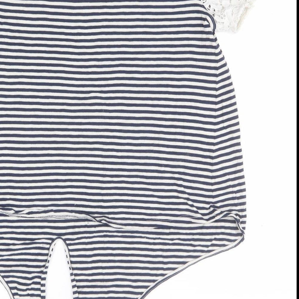 Marks and Spencer Womens White Striped Cotton Basic T-Shirt Size 14 Round Neck