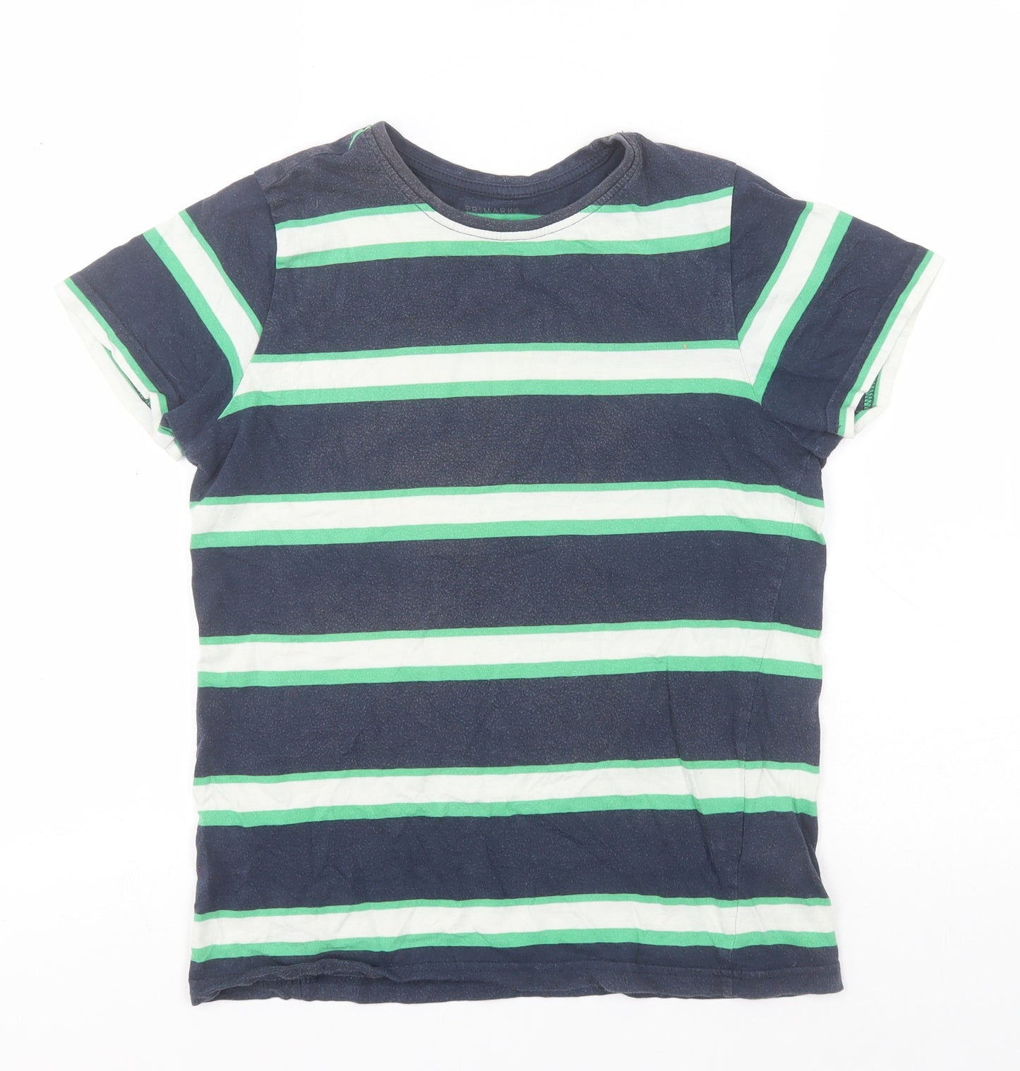 Primark Boys Blue Striped Cotton Basic T-Shirt Size 10-11 Years Round Neck