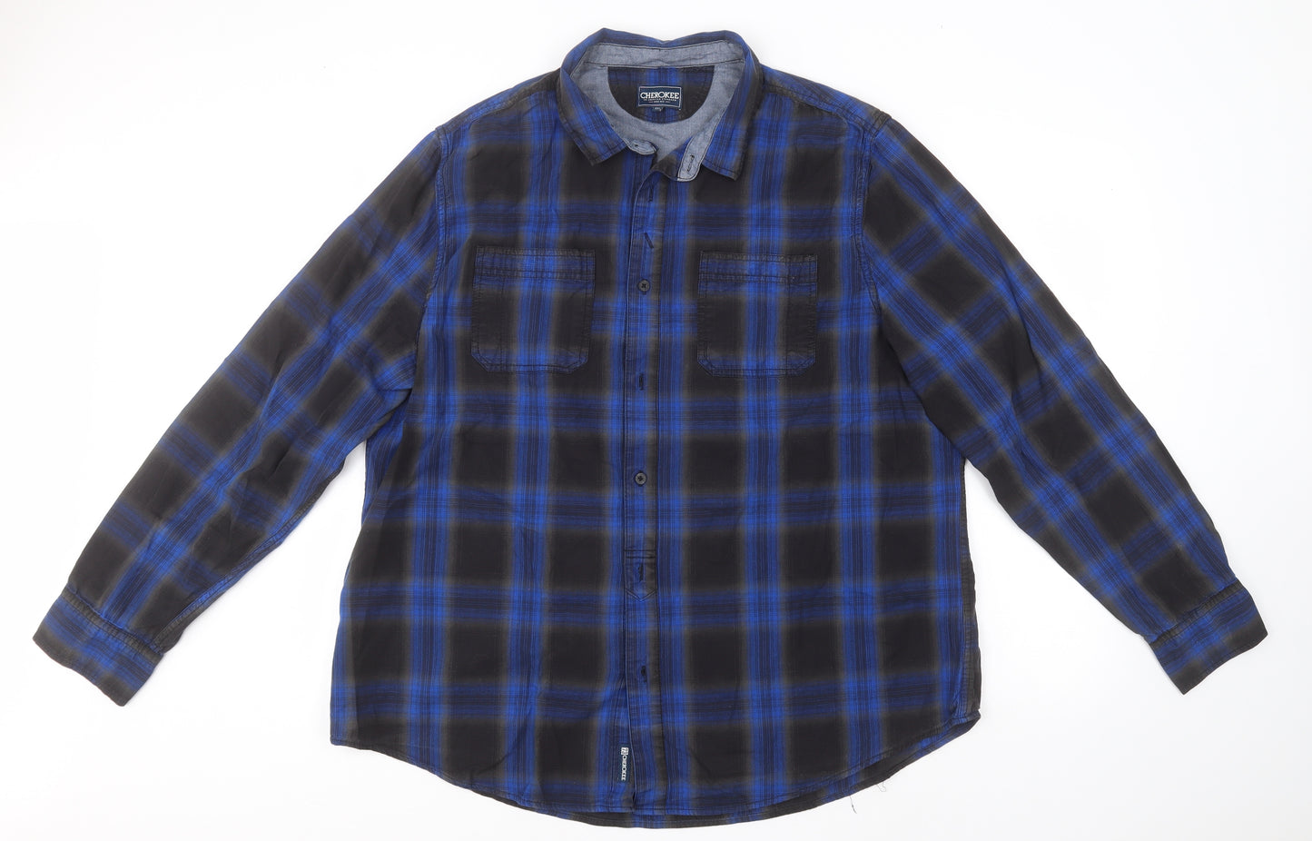 Cherokee Mens Blue Plaid Cotton  Button-Up Size 2XL Collared