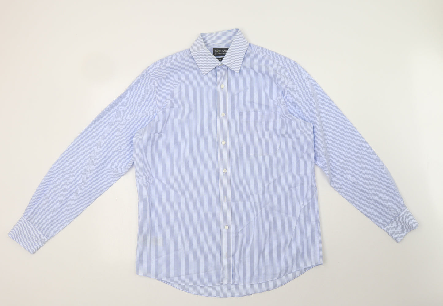 M&S Mens Blue Striped Cotton  Dress Shirt Size 16 Collared Button