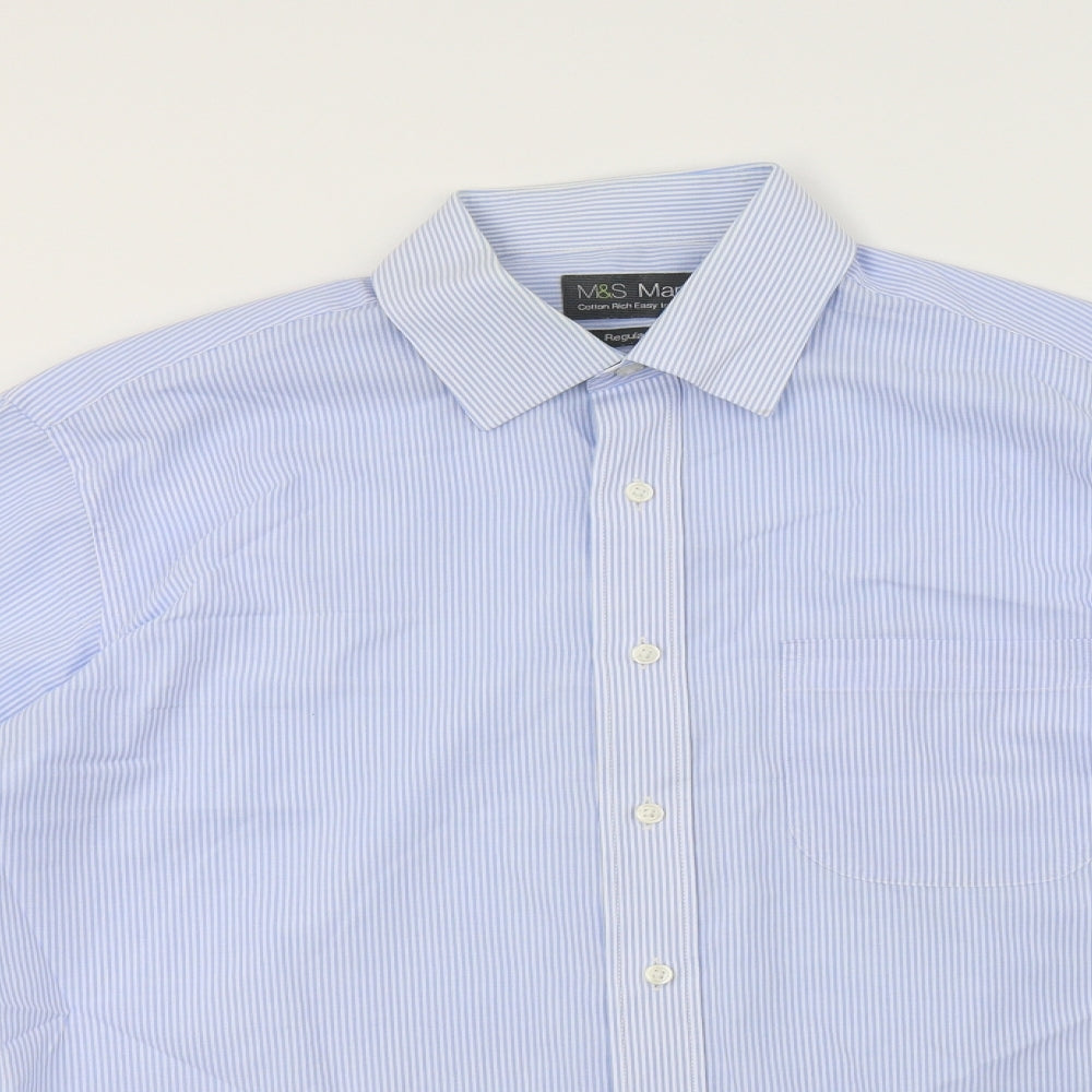 M&S Mens Blue Striped Cotton  Dress Shirt Size 16 Collared Button