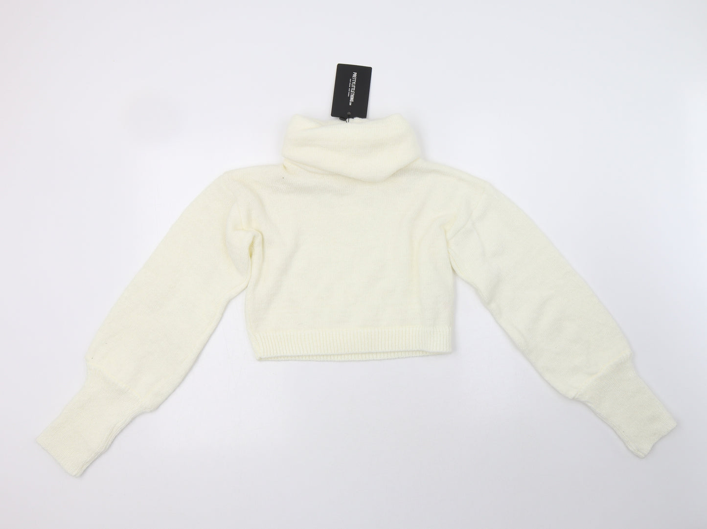 PRETTYLITTLETHING Womens Ivory Roll Neck  Acrylic Pullover Jumper Size M   - Cropped