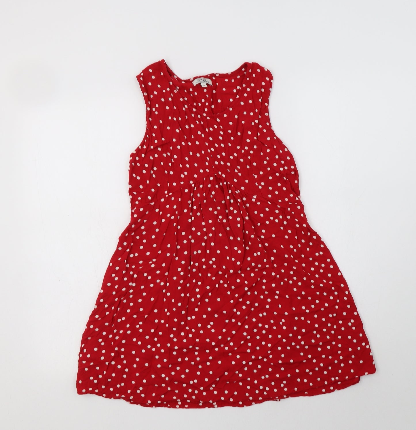 Ribbon Womens Red Polka Dot Viscose Tunic Blouse Size 12 Round Neck