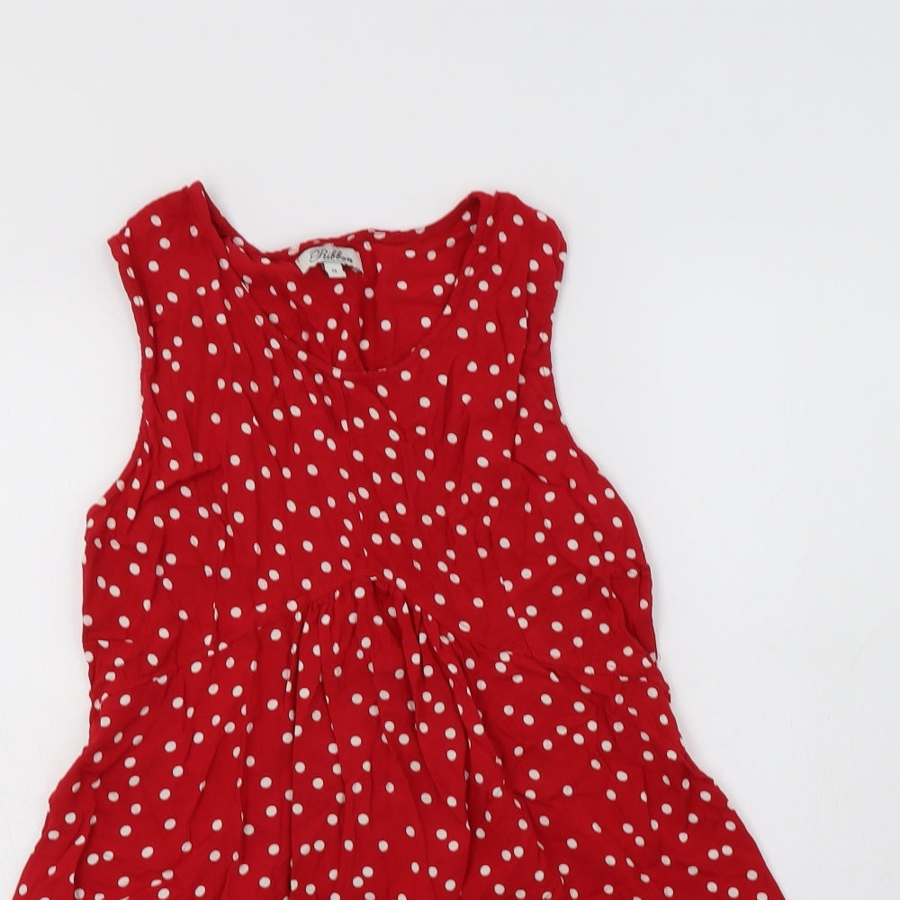 Ribbon Womens Red Polka Dot Viscose Tunic Blouse Size 12 Round Neck