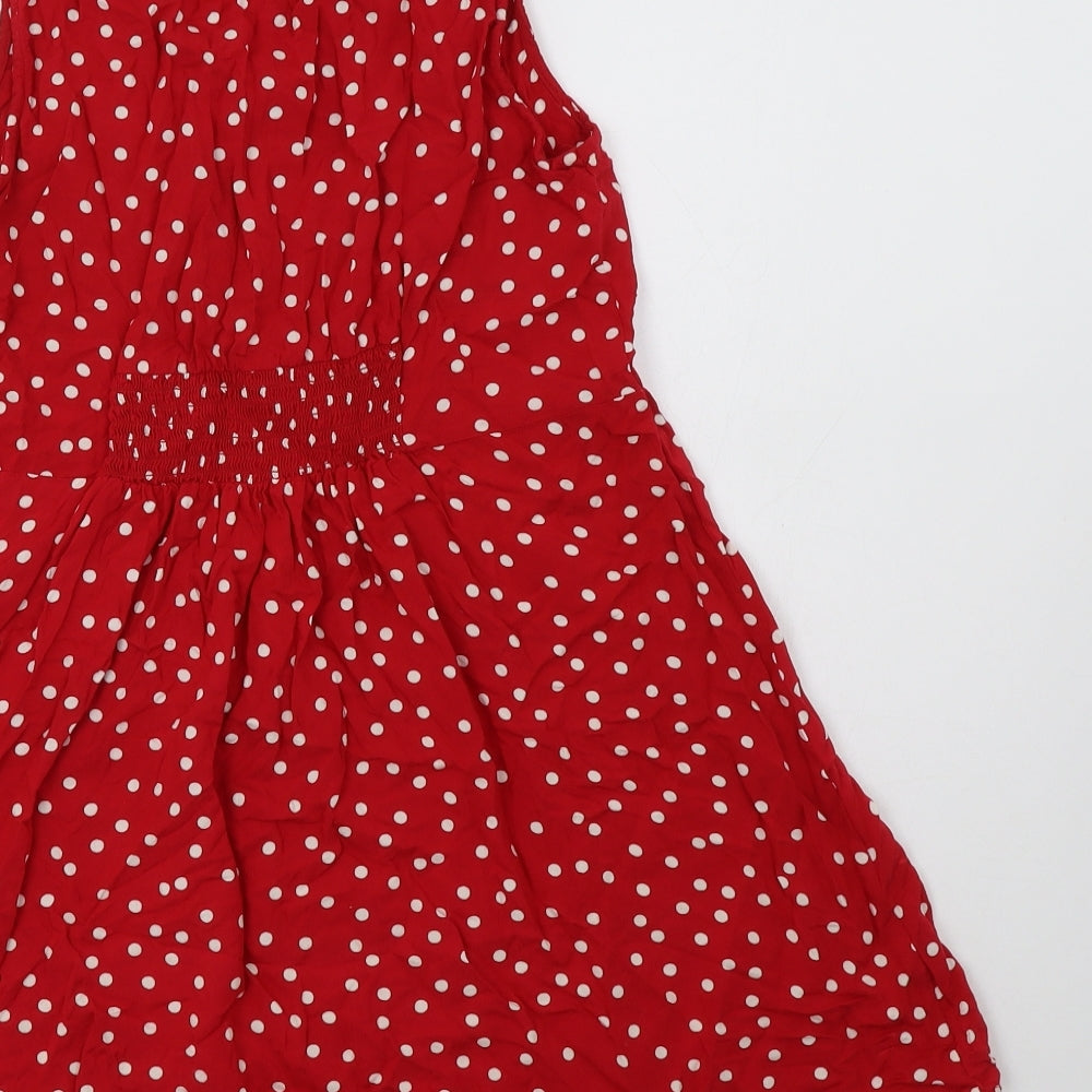 Ribbon Womens Red Polka Dot Viscose Tunic Blouse Size 12 Round Neck