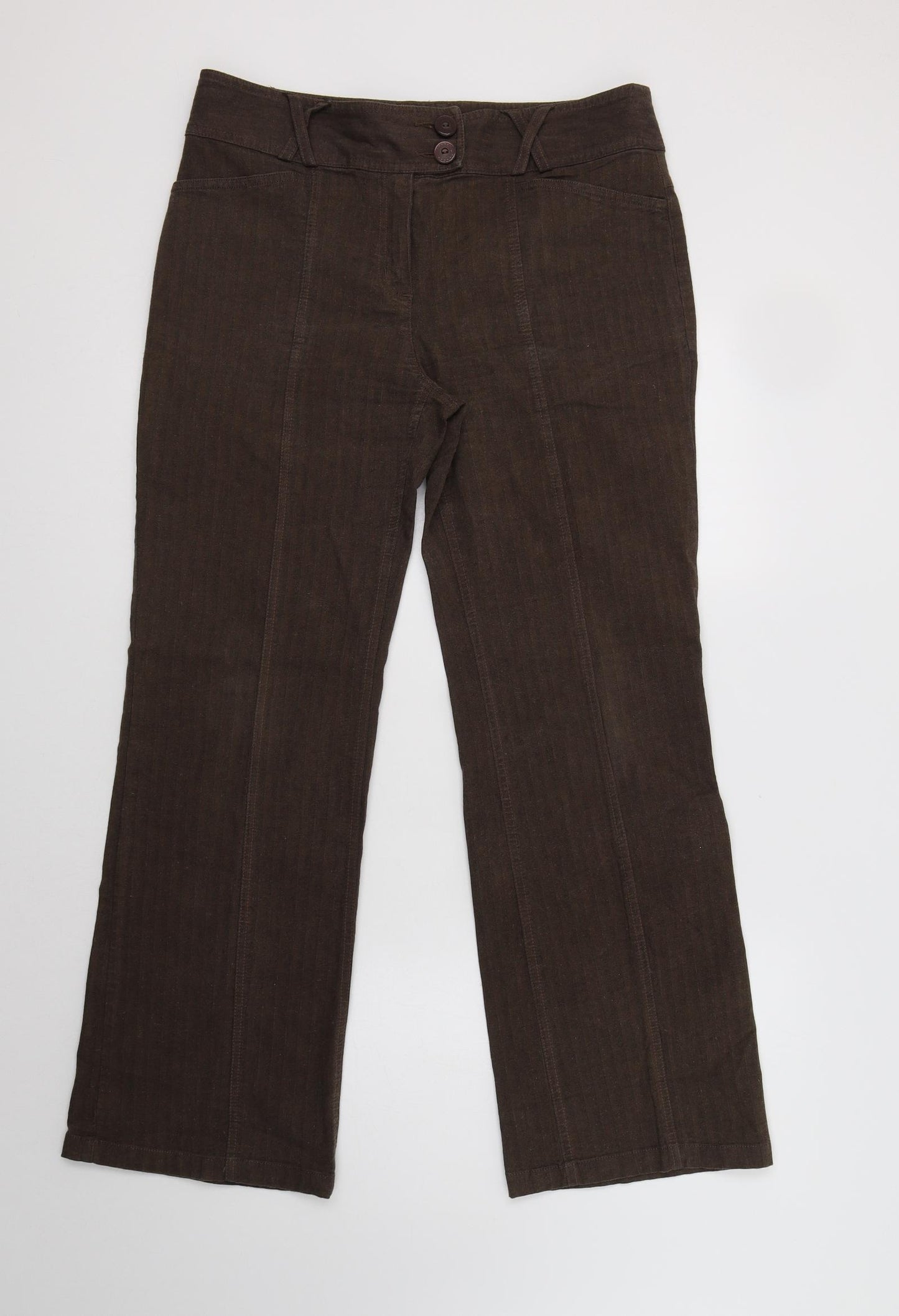 Per Una Womens Brown Striped Cotton Trousers  Size 14 L30 in Regular Button