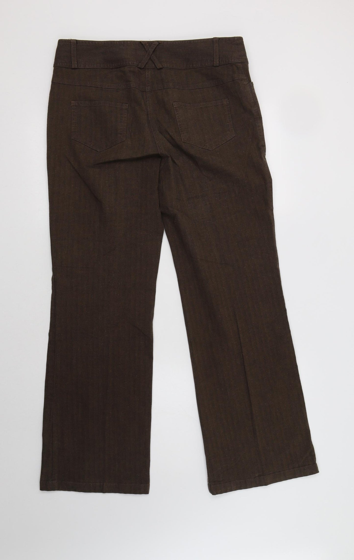 Per Una Womens Brown Striped Cotton Trousers  Size 14 L30 in Regular Button