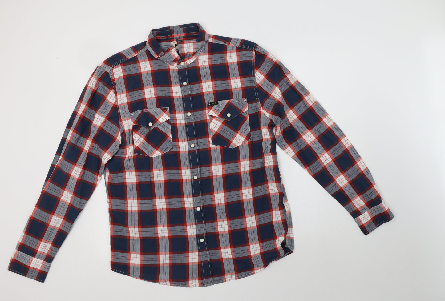 Lee Cooper Mens Blue Check Cotton  Button-Up Size XL Collared Snap