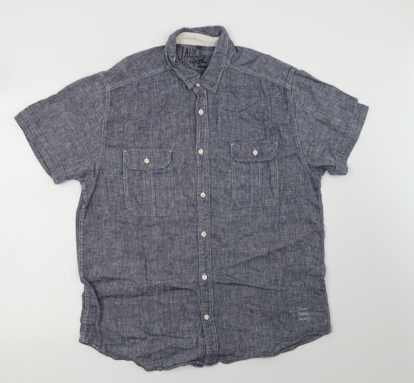 JACK & JONES Mens Blue  Linen  Button-Up Size 2XL Collared Button