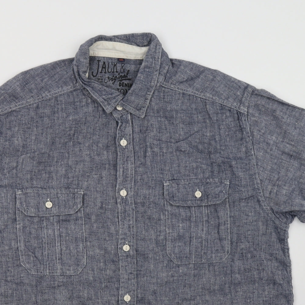 JACK & JONES Mens Blue  Linen  Button-Up Size 2XL Collared Button