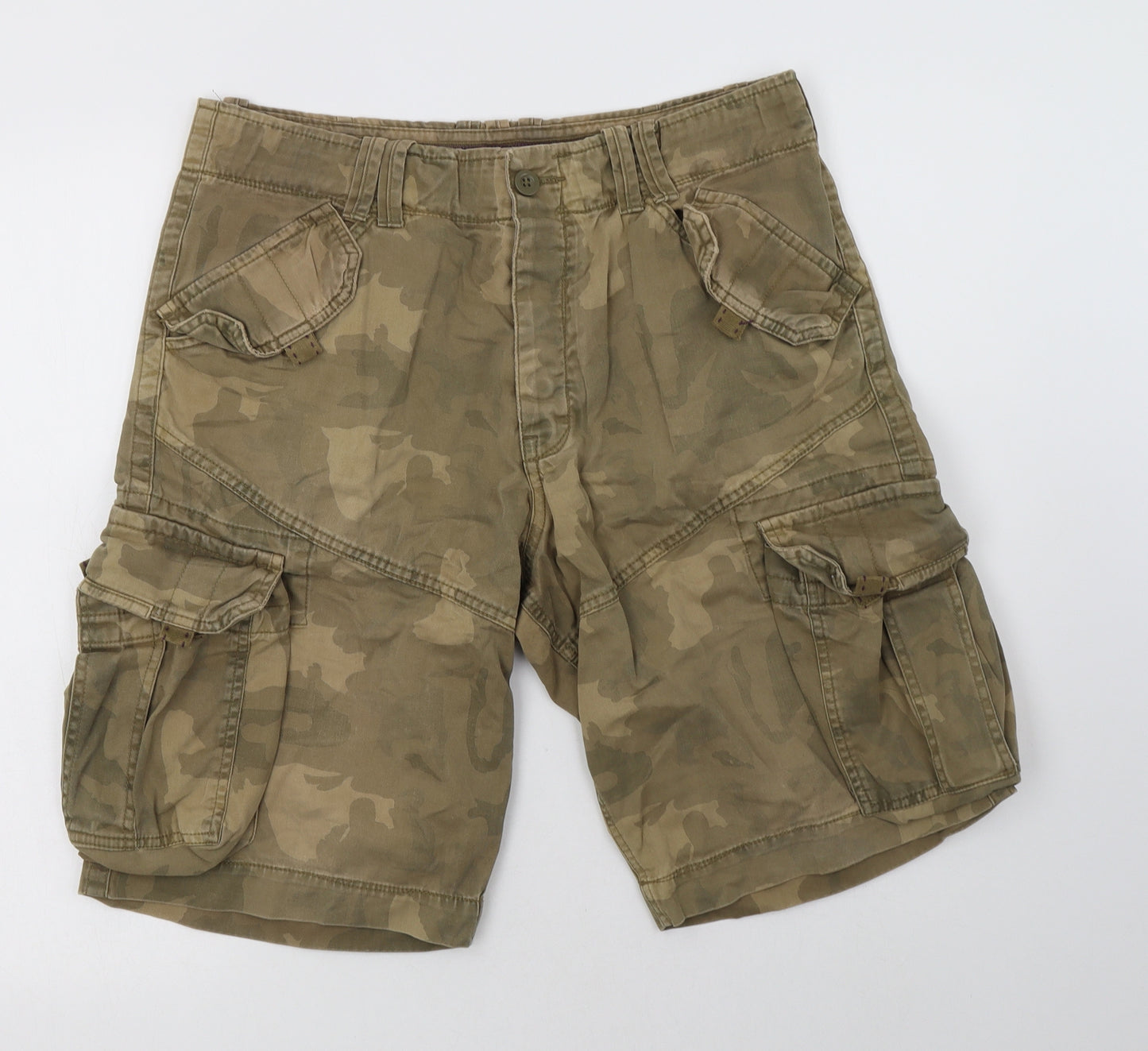 NEXT Mens Beige Camouflage Cotton Cargo Shorts Size 32 L14 in Regular Button