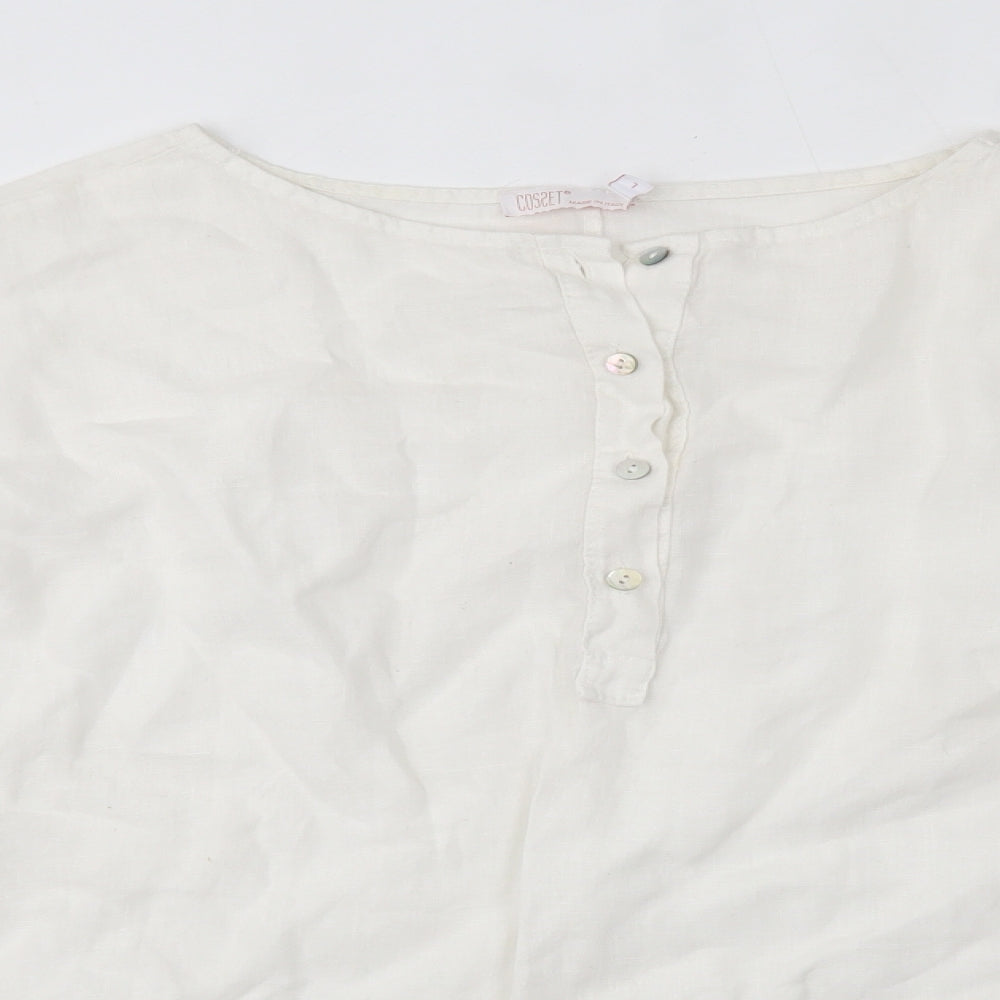 Cosset Mens White  Linen  Button-Up Size L Round Neck