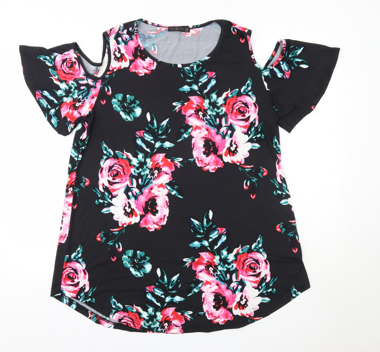 Preworn Womens Black Floral Polyester Basic Blouse Size XL Round Neck