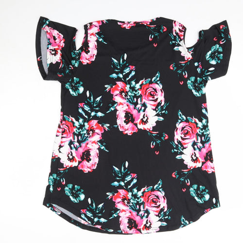 Preworn Womens Black Floral Polyester Basic Blouse Size XL Round Neck