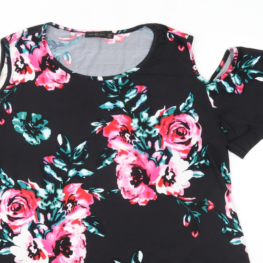 Preworn Womens Black Floral Polyester Basic Blouse Size XL Round Neck