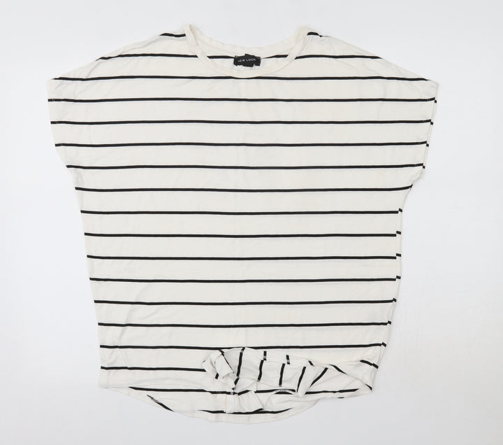 New Look Womens White Striped Viscose Basic Blouse Size 10 Round Neck