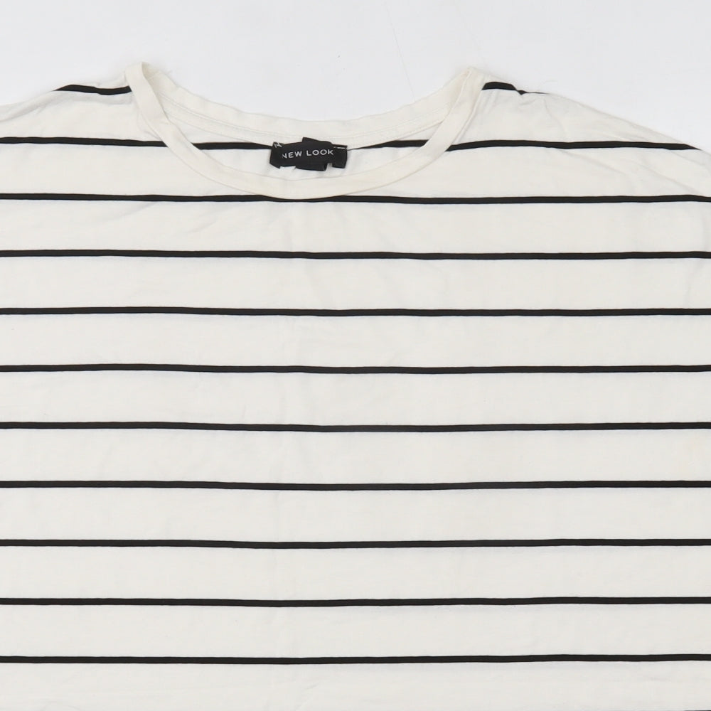 New Look Womens White Striped Viscose Basic Blouse Size 10 Round Neck