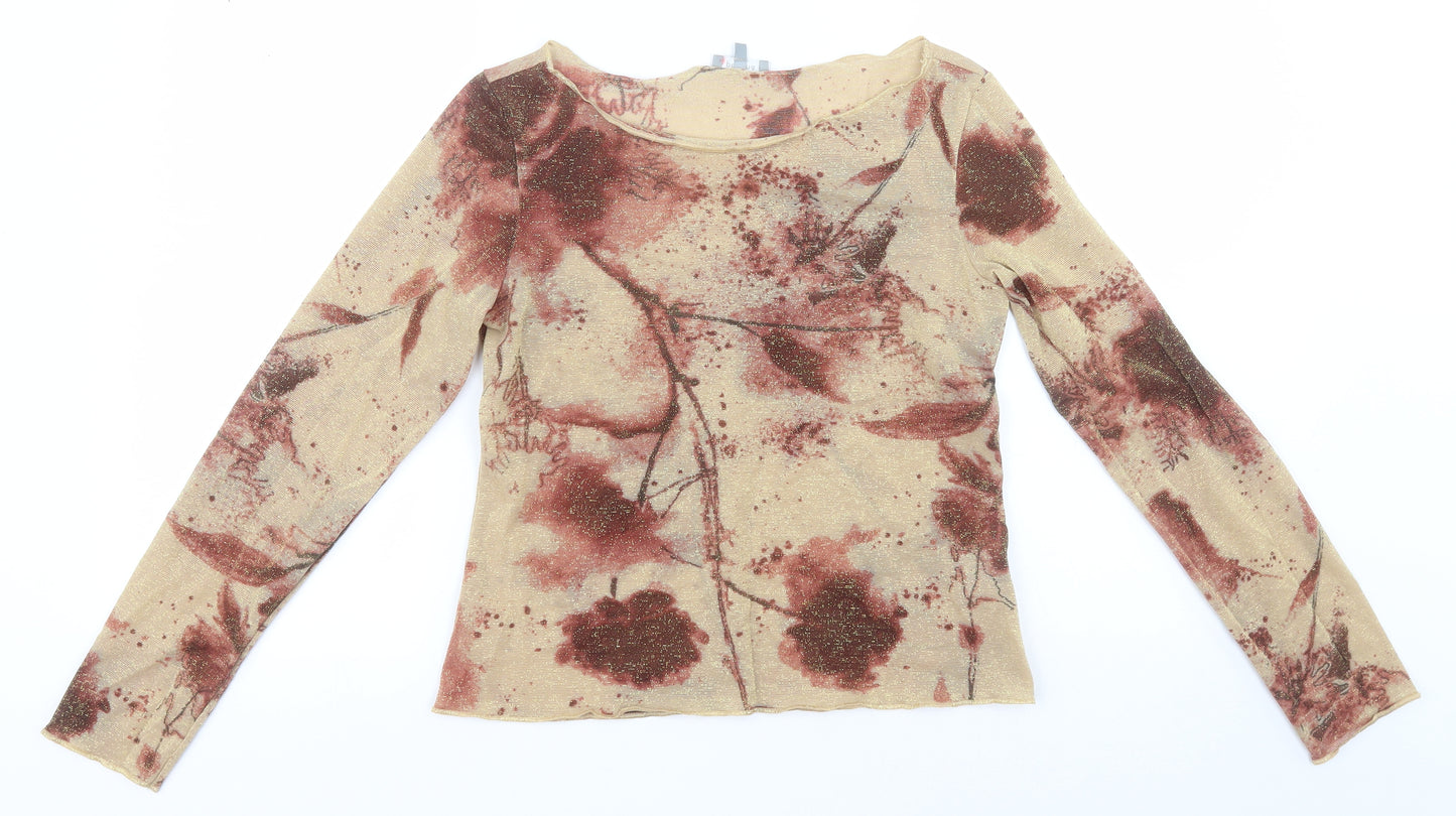 Per Una Womens Gold Floral Polyamide Basic T-Shirt Size 12 Round Neck