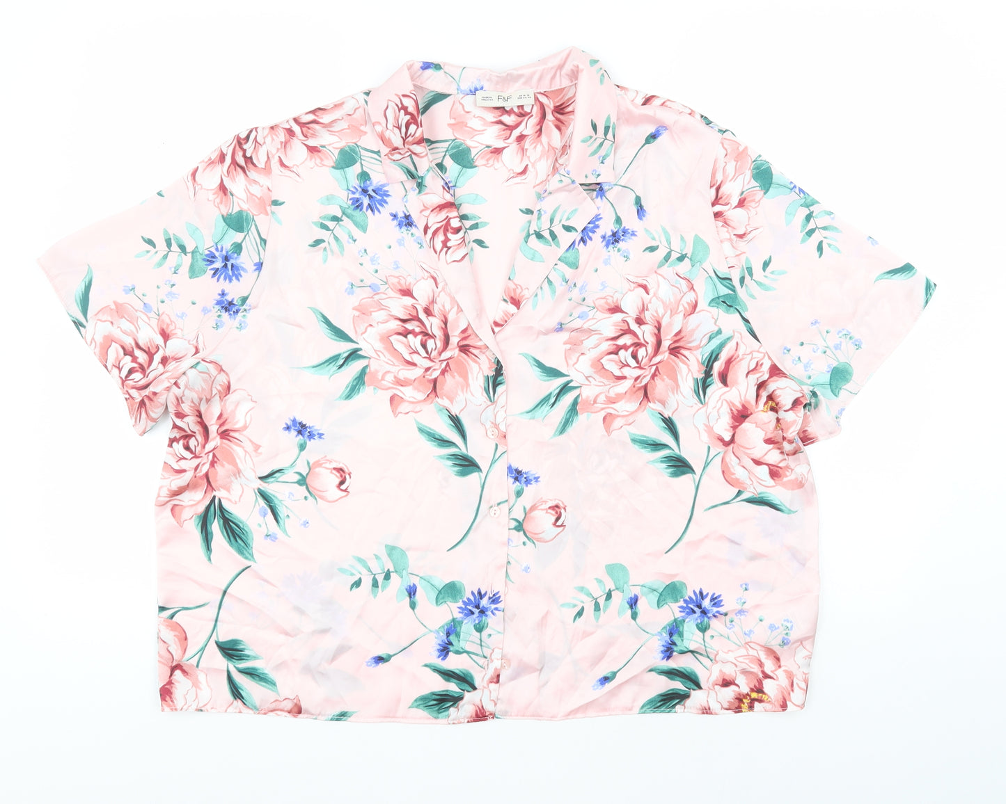 F&F Womens Pink Floral Polyester Basic Button-Up Size 16 Collared