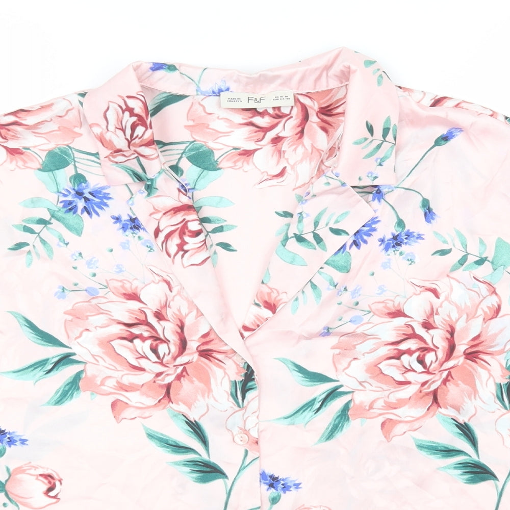 F&F Womens Pink Floral Polyester Basic Button-Up Size 16 Collared