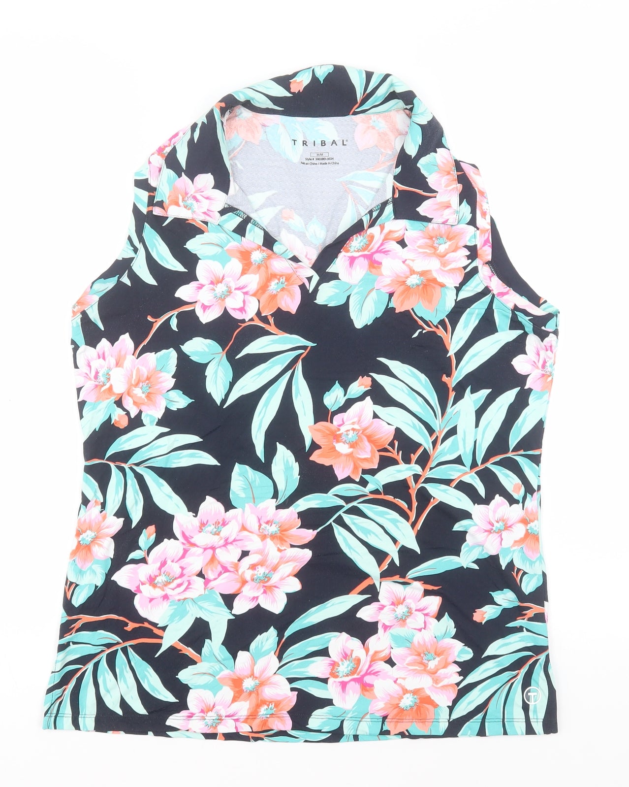 Tribal Womens Blue Floral  Basic T-Shirt Size M Collared