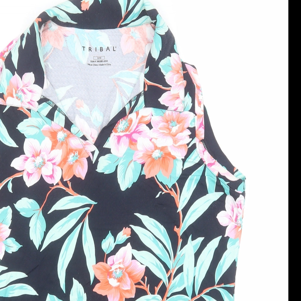 Tribal Womens Blue Floral  Basic T-Shirt Size M Collared