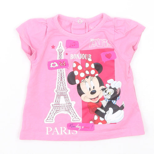 Disney Girls Pink  Cotton Basic T-Shirt Size 6-9 Months Round Neck  - Disneyland Paris, Minnie Mouse