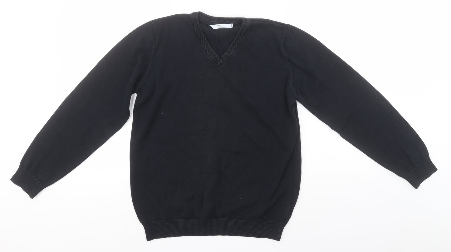 Marks and Spencer Boys Black V-Neck  Cotton Pullover Jumper Size 13-14 Years