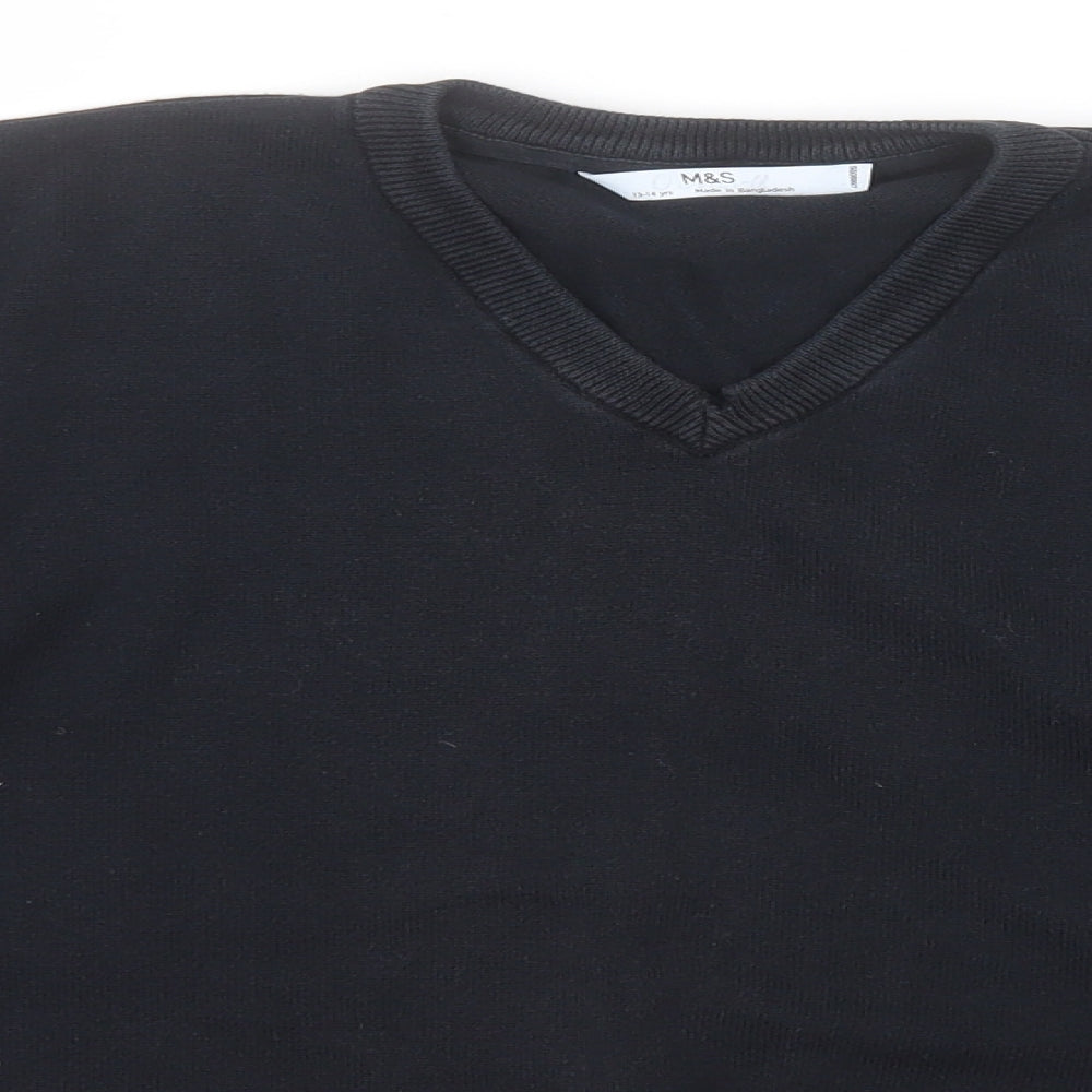 Marks and Spencer Boys Black V-Neck  Cotton Pullover Jumper Size 13-14 Years