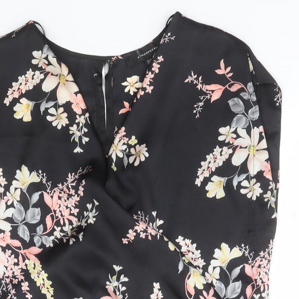 Atmosphere Womens Black Floral Polyester Basic Blouse Size 6 V-Neck