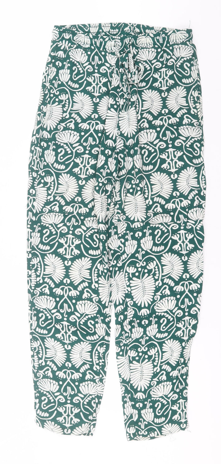 H&M Womens Green Floral Viscose Trousers  Size 4 L25 in Regular