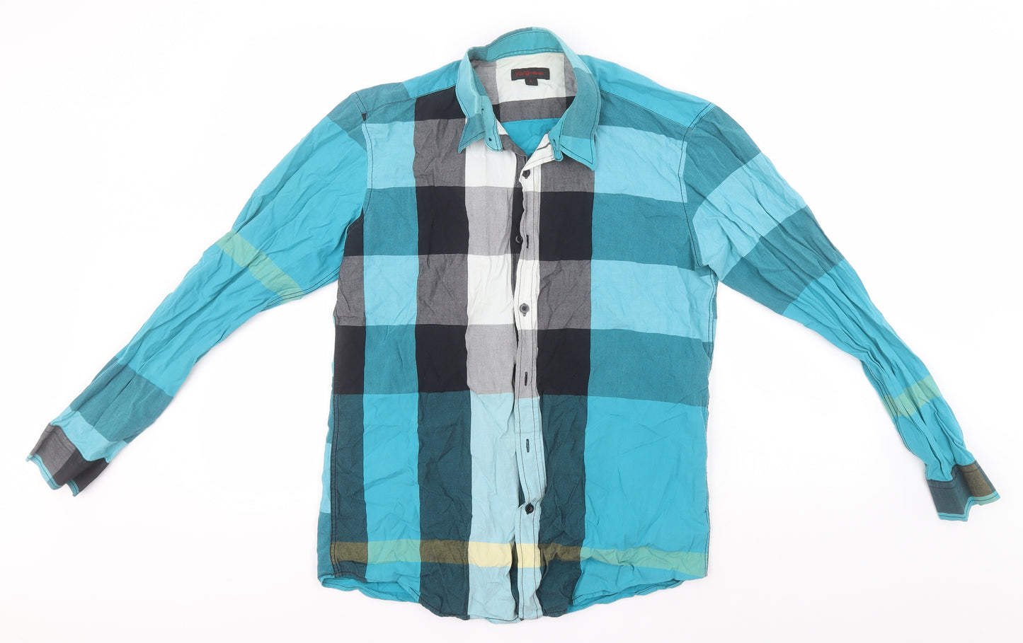 Young Mens Blue Check Cotton  Button-Up Size L Collared