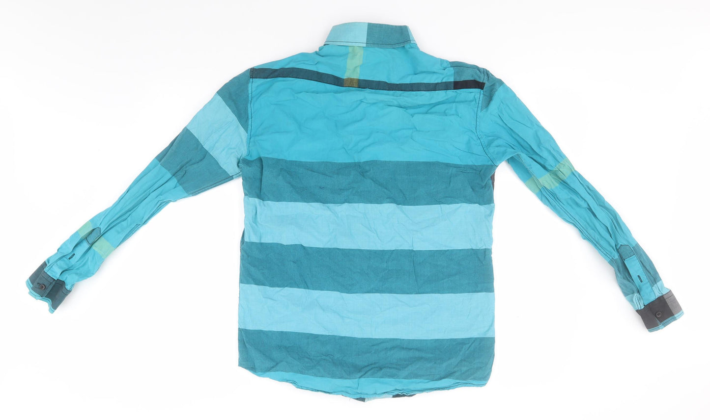 Young Mens Blue Check Cotton  Button-Up Size L Collared