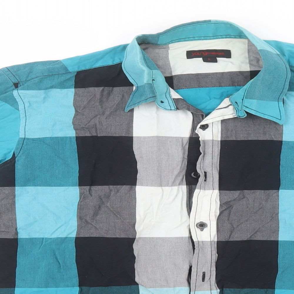 Young Mens Blue Check Cotton  Button-Up Size L Collared