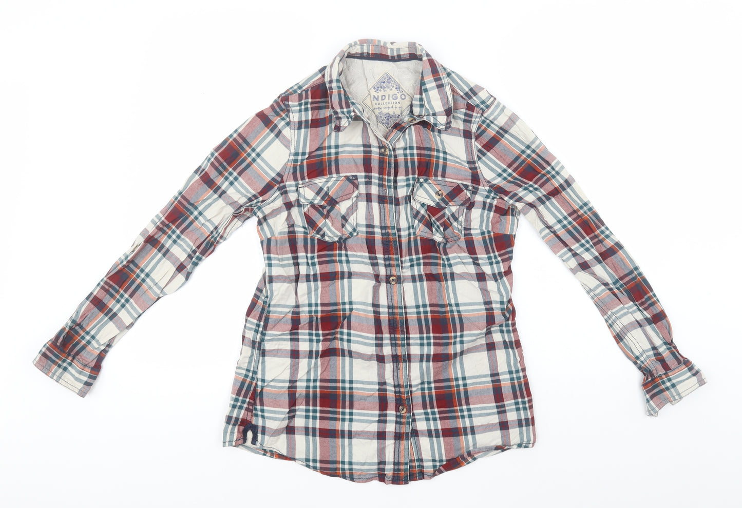 Marks and Spencer Womens Multicoloured Plaid Cotton Basic Button-Up Size 12 Collared