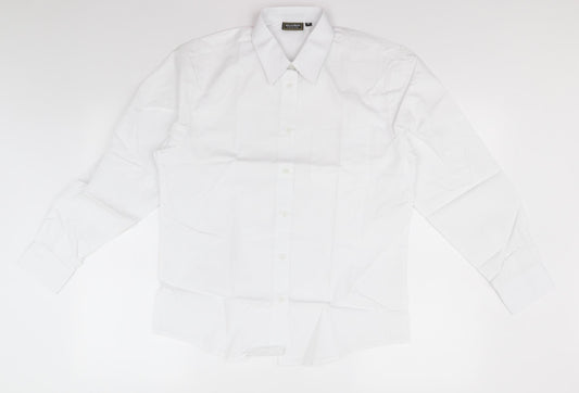 Front view of Sheldon boys’ white basic button-up collared