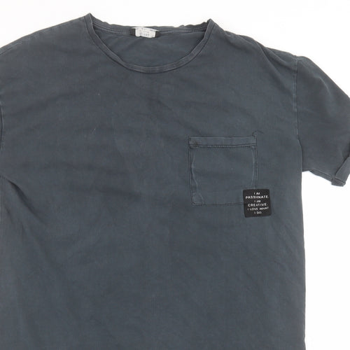 Bershka Mens Grey  Cotton  T-Shirt Size L Round Neck