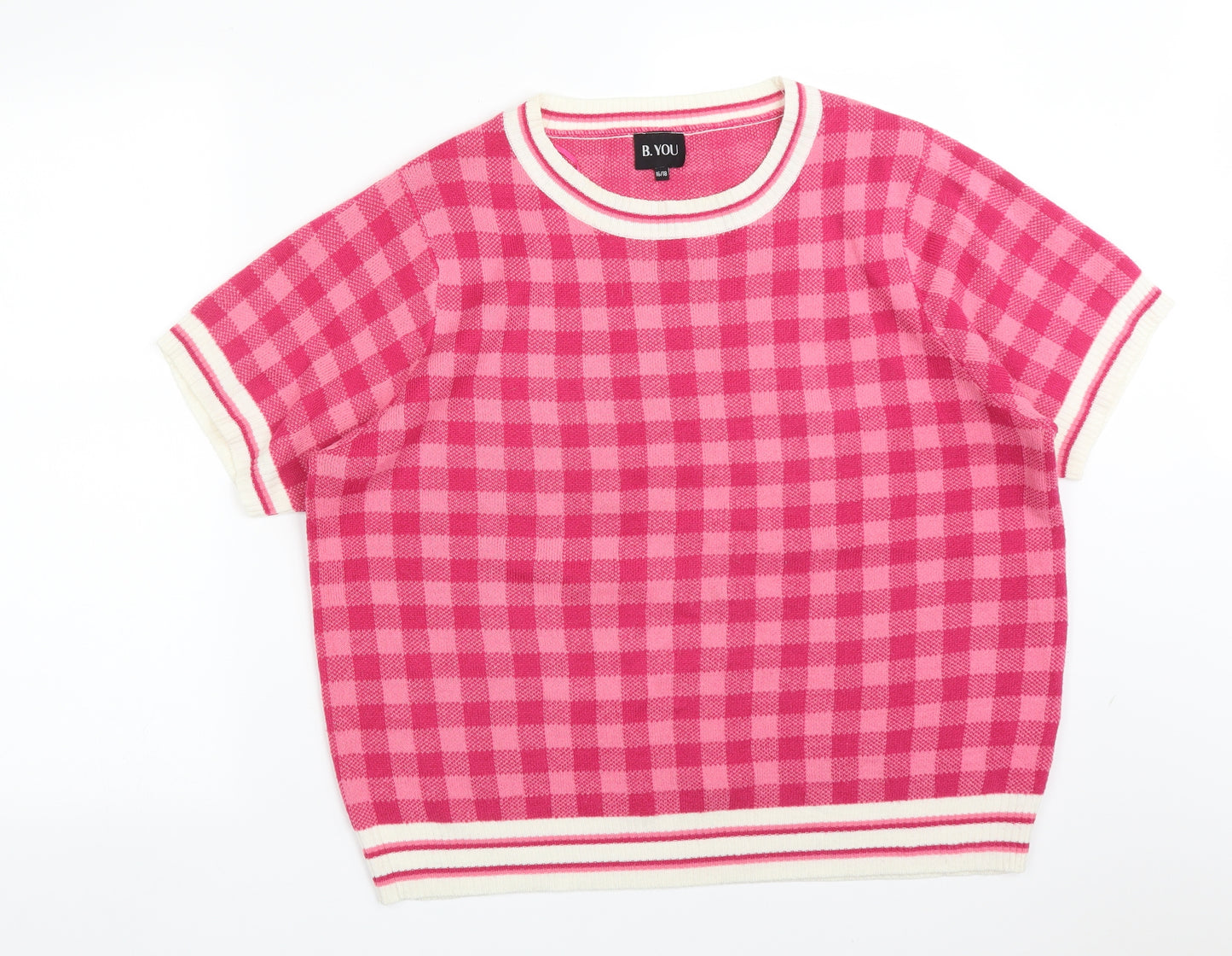 BE YOU Womens Pink Check Acrylic Basic T-Shirt Size 18 Crew Neck