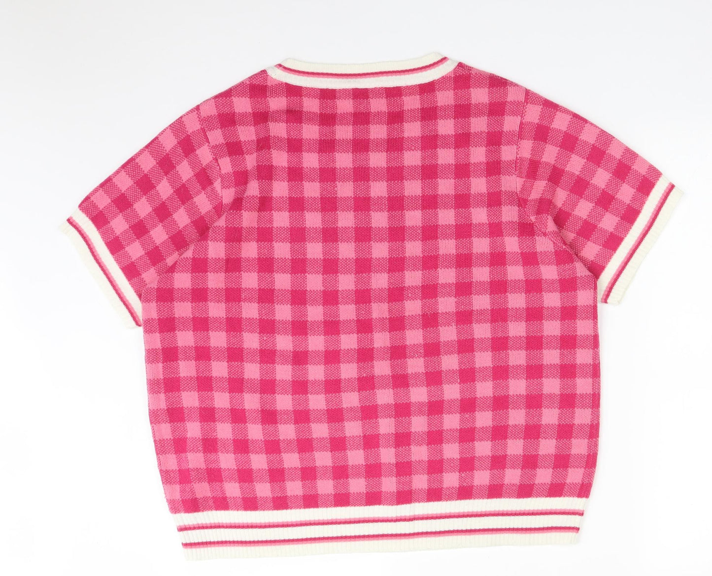 BE YOU Womens Pink Check Acrylic Basic T-Shirt Size 18 Crew Neck